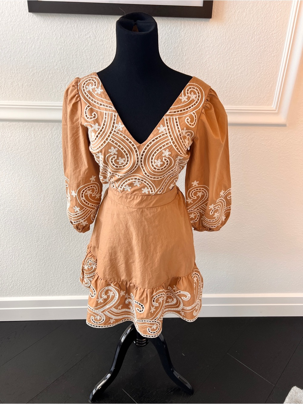 Express Tan Mini Dress with White Embroidered Detail